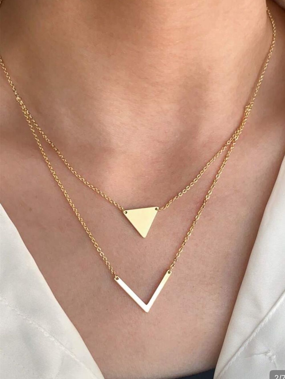 Minimal Gold Layered Triangle Necklace geometric pendant new Jewelry stack - Picture 2 of 5
